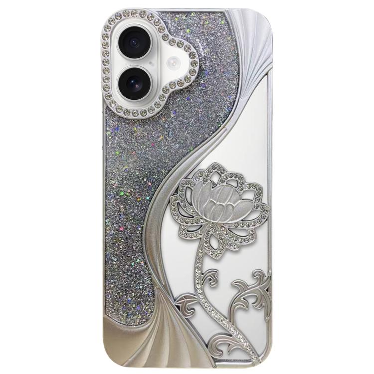 Electroplated TPU Lotus Hollow-carved  Rhinestone Glitter Phone Case, For iPhone 16, For iPhone 15 Pro Max, For iPhone 15 Pro, For iPhone 15, For iPhone 14, For iPhone 14 Pro, For iPhone 14 Pro Max, For iPhone 13 Pro Max