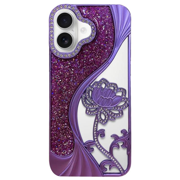 Electroplated TPU Lotus Hollow-carved  Rhinestone Glitter Phone Case, For iPhone 16, For iPhone 15 Pro Max, For iPhone 15 Pro, For iPhone 15, For iPhone 14, For iPhone 14 Pro, For iPhone 14 Pro Max, For iPhone 13 Pro Max