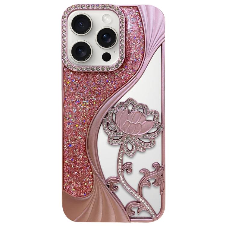 Electroplated TPU Lotus Hollow-carved  Rhinestone Glitter Phone Case, For iPhone 15 Pro Max, For iPhone 15 Pro, For iPhone 15, For iPhone 14, For iPhone 14 Pro, For iPhone 14 Pro Max, For iPhone 13 Pro Max, For iPhone 13 Pro