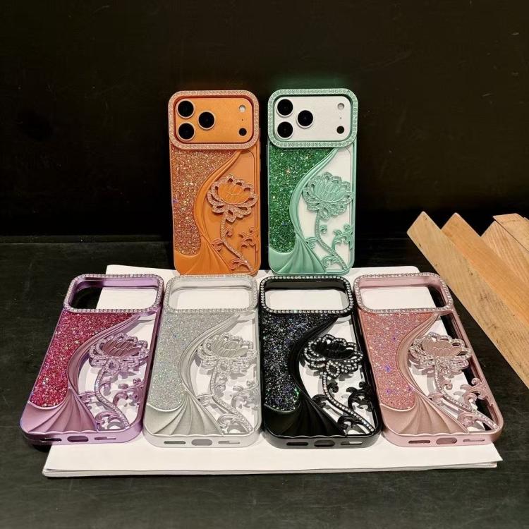 Electroplated TPU Lotus Hollow-carved  Rhinestone Glitter Phone Case, For iPhone 15, For iPhone 14, For iPhone 14 Pro, For iPhone 14 Pro Max, For iPhone 13 Pro Max, For iPhone 13 Pro, For iPhone 13, For iPhone 12