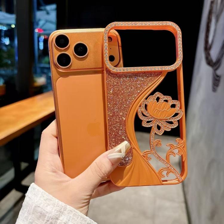 Electroplated TPU Lotus Hollow-carved  Rhinestone Glitter Phone Case, For iPhone 16, For iPhone 15 Pro Max, For iPhone 15 Pro, For iPhone 15, For iPhone 14, For iPhone 14 Pro, For iPhone 14 Pro Max, For iPhone 13 Pro Max