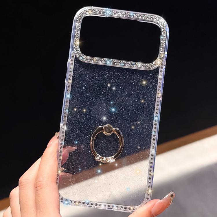 Rhinestone Ring Holder Dual-side IMD PC Hybrid TPU Phone Case, For iPhone 13