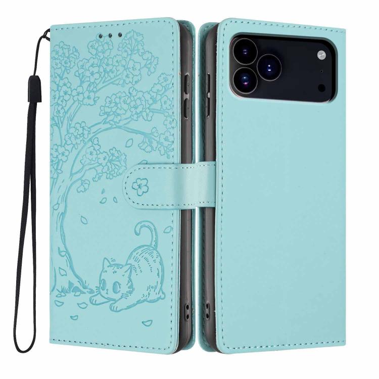 Tree Cat Embossed Flip Vegan Leather Phone Case, For iPhone 17e / 16e, For iPhone 17 Pro Max, For iPhone 17 Pro, For iPhone 17, For iPhone Air, For iPhone 16 Pro Max