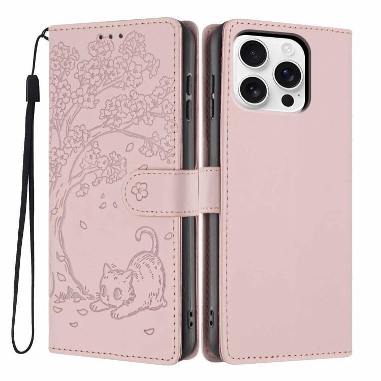Tree Cat Embossed Flip Vegan Leather Phone Case, For iPhone 16 Pro, For iPhone 16 Plus, For iPhone 16, For iPhone 15 Pro Max, For iPhone 15 Pro, For iPhone 15 Plus