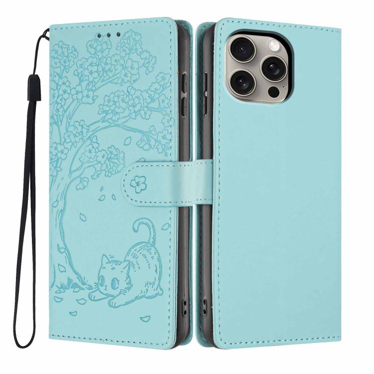 Tree Cat Embossed Flip Vegan Leather Phone Case, For iPhone 15 Pro, For iPhone 15 Plus, For iPhone 15, For iPhone 14 Plus, For iPhone 14, For iPhone 14 Pro