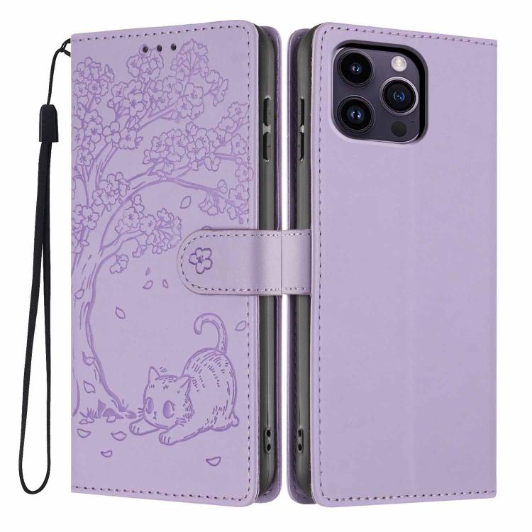 Tree Cat Embossed Flip Vegan Leather Phone Case, For iPhone 14 Pro Max, For iPhone 13 Pro Max, For iPhone 13 Pro, For iPhone 13, For iPhone 12 Pro Max, For iPhone 12 / 12 Pro