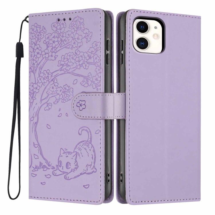 Tree Cat Embossed Flip Vegan Leather Phone Case, For iPhone 13 Pro, For iPhone 13, For iPhone 12 Pro Max, For iPhone 12 / 12 Pro, For iPhone 11 Pro Max, For iPhone 11