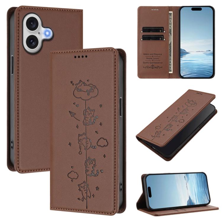 Cute Cats Embossed Magnetic RFID Vegan Leather Phone Case, For iPhone 17e / 16e, For iPhone 17 Pro Max, For iPhone 17 Pro, For iPhone 17