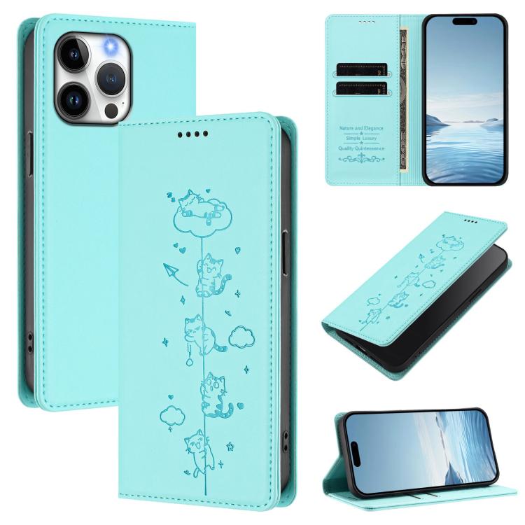 Cute Cats Embossed Magnetic RFID Vegan Leather Phone Case, For iPhone 14 Pro Max, For iPhone 13 Pro Max, For iPhone 13 Pro, For iPhone 12 Pro Max