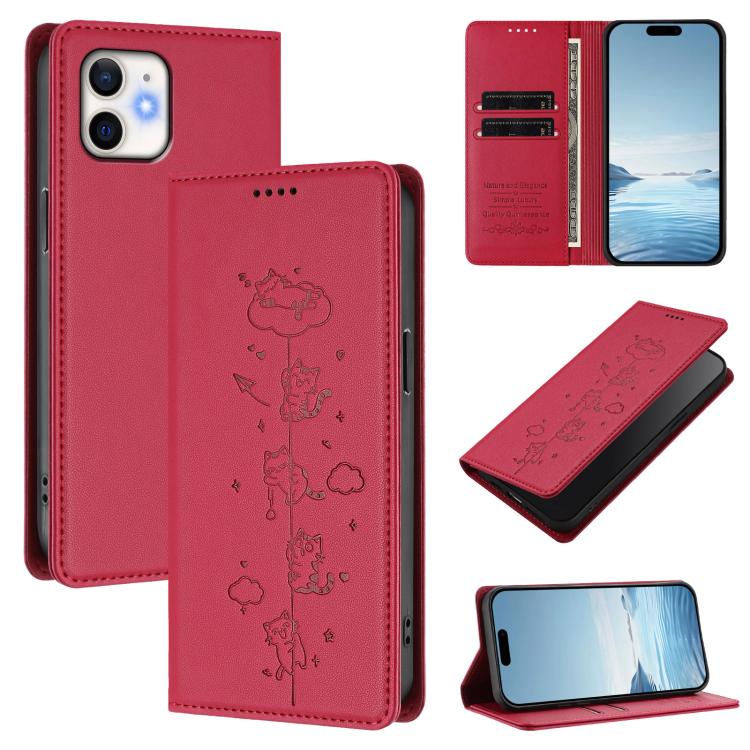 Cute Cats Embossed Magnetic RFID Vegan Leather Phone Case, For iPhone 12 / 12 Pro, For iPhone 11 Pro Max, For iPhone 11, For iPhone 11 Pro