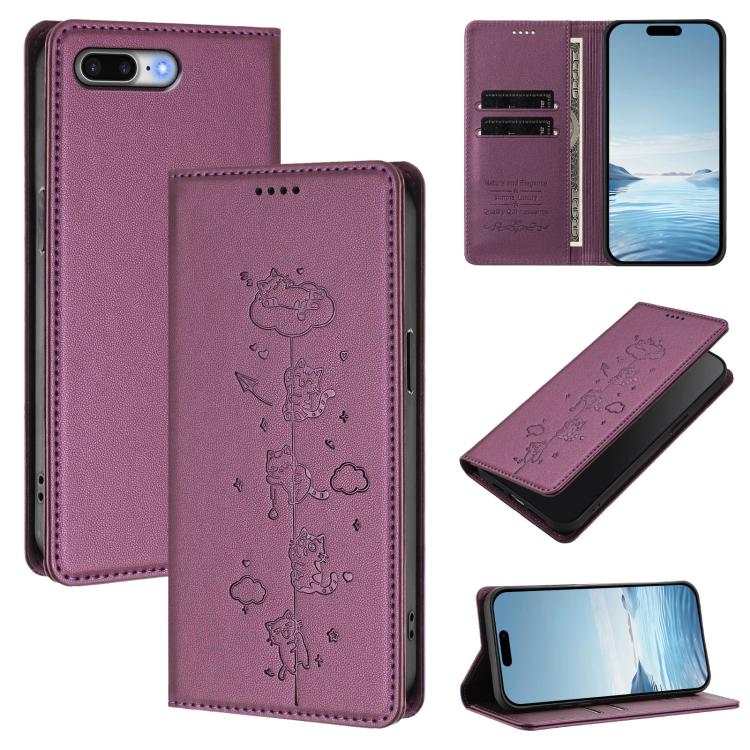 Cute Cats Embossed Magnetic RFID Vegan Leather Phone Case, For iPhone X / XS, For iPhone XR, For iPhone XS Max, For iPhone 8 Plus / 7 Plus