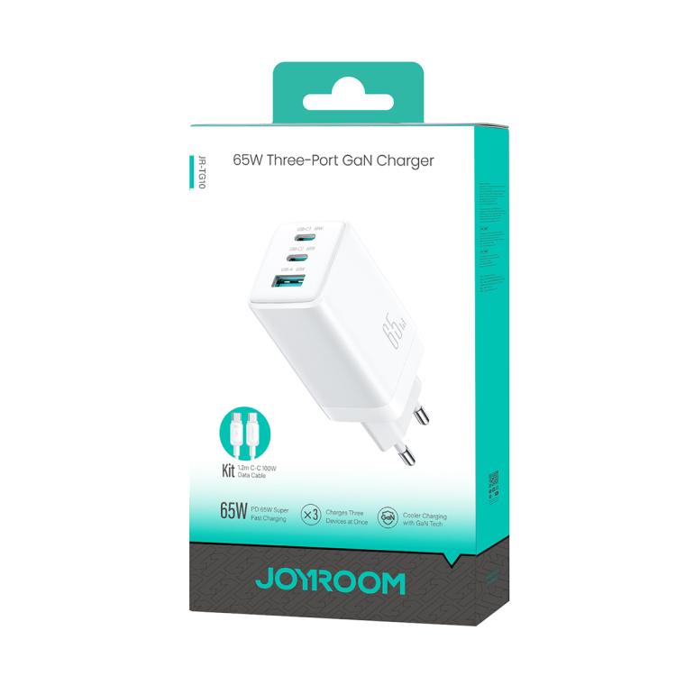 JOYROOM JR-TG10 65W GaN Dual Type-C, USB 3-Port Charger with Type-C to Type-C Cable, EU Plug, UK Plug