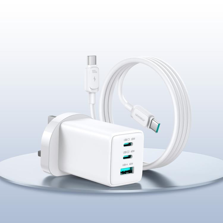 JOYROOM JR-TG10 65W GaN Dual Type-C, USB 3-Port Charger with Type-C to Type-C Cable, EU Plug, UK Plug