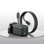 JOYROOM JR-TG10 65W GaN Dual Type-C, USB 3-Port Charger with Type-C to Type-C Cable, EU Plug, UK Plug
