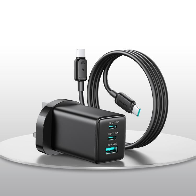 JOYROOM JR-TG10 65W GaN Dual Type-C, USB 3-Port Charger with Type-C to Type-C Cable, EU Plug, UK Plug