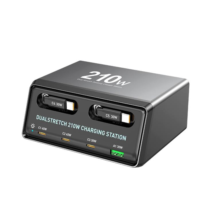 WXL-60E 210W 6-in-1 Desktop Multi Ports Charging Station Built-in Dual Telescopic Cables, WXL-60E