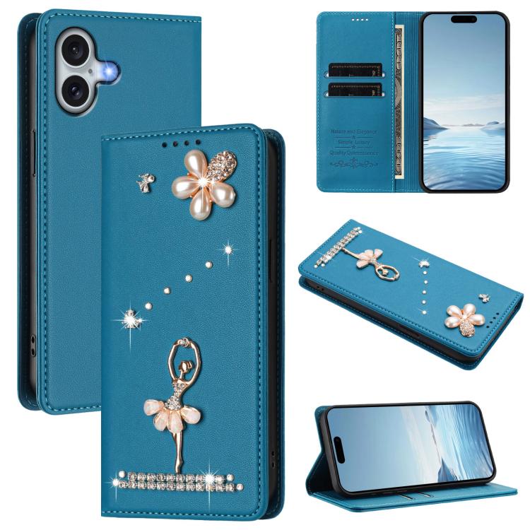 Ballet Girl Diamond Studded RFID Vegan Leather Phone Case, For iPhone 16 Pro, For iPhone 16 Plus, For iPhone 16, For iPhone 15 Pro Max, For iPhone 15 Pro, For iPhone 15 Plus