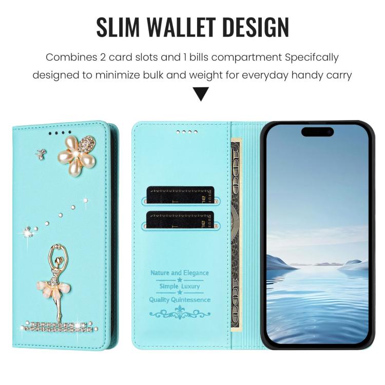 Ballet Girl Diamond Studded RFID Vegan Leather Phone Case, For iPhone 17e / 16e, For iPhone 17 Pro Max, For iPhone 17 Pro, For iPhone 17, For iPhone Air, For iPhone 16 Pro Max