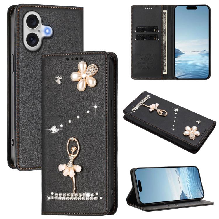 Ballet Girl Diamond Studded RFID Vegan Leather Phone Case, For iPhone 17e / 16e, For iPhone 17 Pro Max, For iPhone 17 Pro, For iPhone 17, For iPhone Air, For iPhone 16 Pro Max