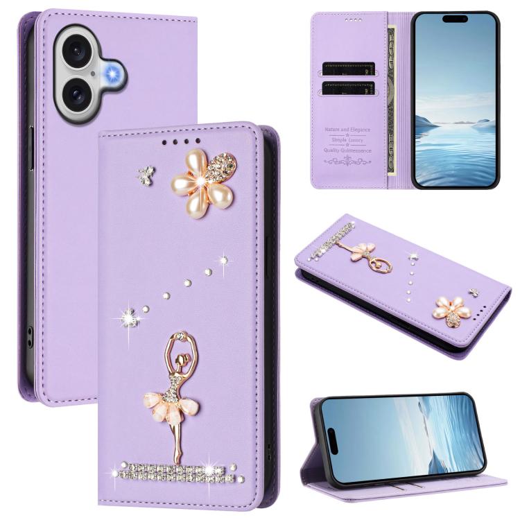 Ballet Girl Diamond Studded RFID Vegan Leather Phone Case, For iPhone 17e / 16e, For iPhone 17 Pro Max, For iPhone 17 Pro, For iPhone 17, For iPhone Air, For iPhone 16 Pro Max