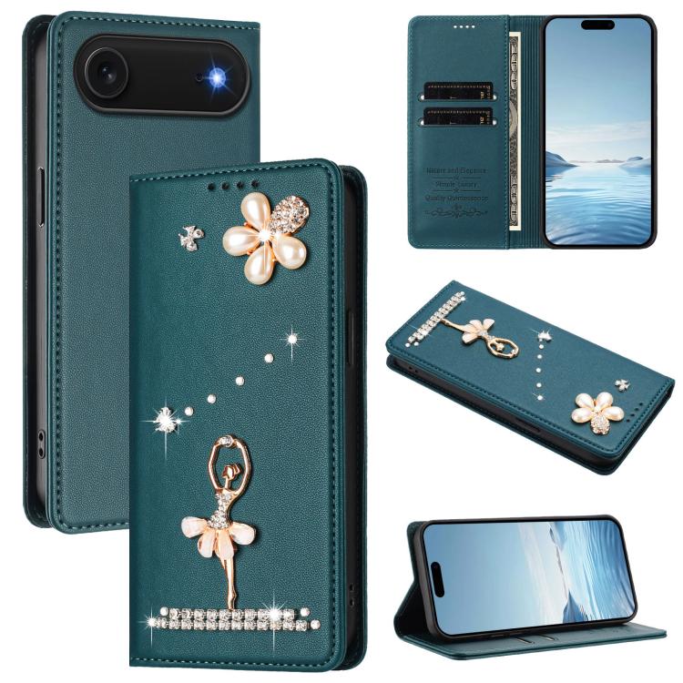 Ballet Girl Diamond Studded RFID Vegan Leather Phone Case, For iPhone 17e / 16e, For iPhone 17 Pro Max, For iPhone 17 Pro, For iPhone 17, For iPhone Air, For iPhone 16 Pro Max