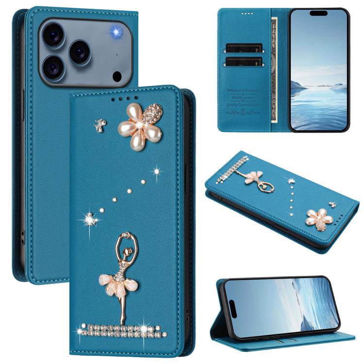 Ballet Girl Diamond Studded RFID Vegan Leather Phone Case, For iPhone 17e / 16e, For iPhone 17 Pro Max, For iPhone 17 Pro, For iPhone 17, For iPhone Air, For iPhone 16 Pro Max