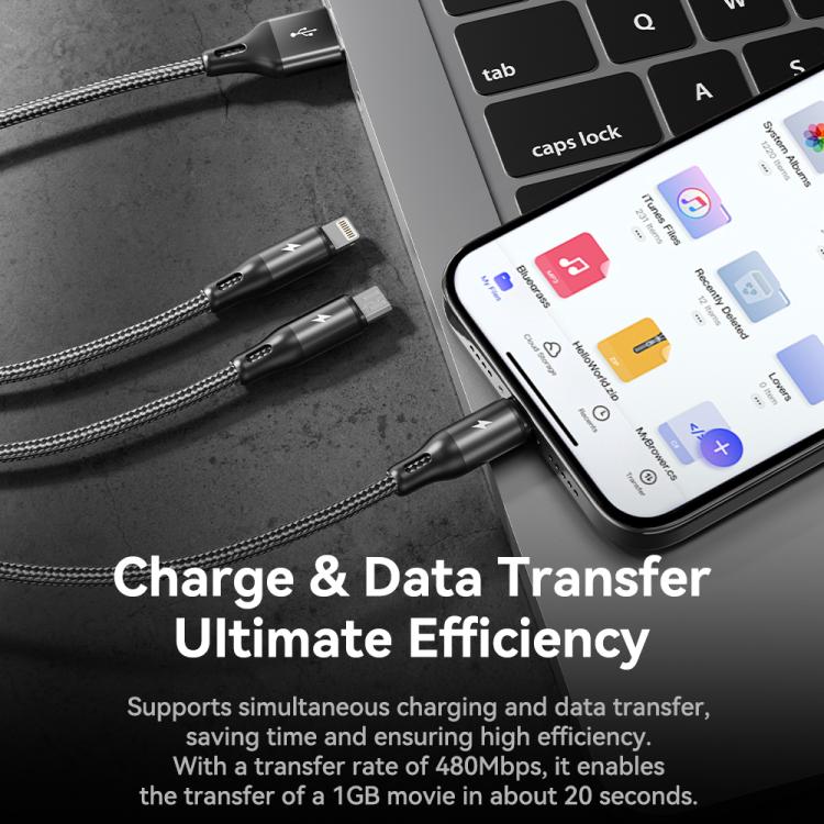 ROCK RCB0790 1.2m 3-in-1 USB to 8 Pin + Type-C + Micro USB Metal Braided Charging Cable, RCB0790