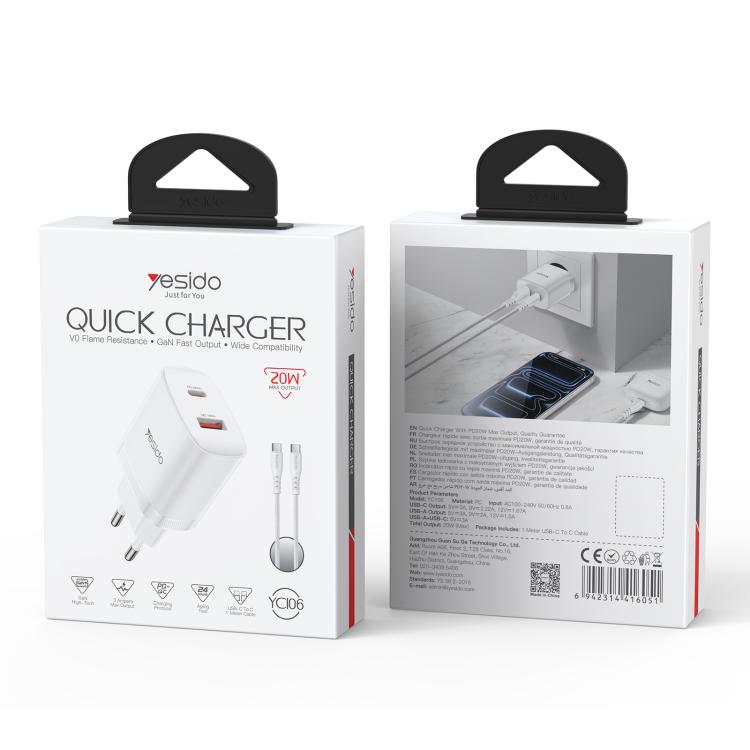 Yesido YC106 PD20W USB-C / Type-C and QC18W USB-A Dual Ports Charger Set with Type-C to Type-C Cable, YC106