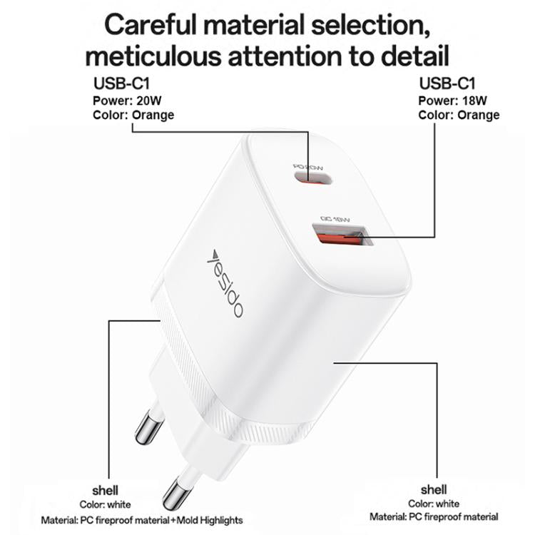 Yesido YC106 PD20W USB-C / Type-C and QC18W USB-A Dual Ports Charger Set with Type-C to Type-C Cable, YC106