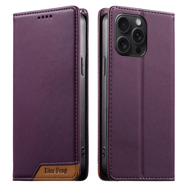 Dierfeng Splicing Strong Magnetic RFID Vegan Leather Phone Case, For iPhone 16, For iPhone 15 Pro Max, For iPhone 15 Pro, For iPhone 15 Plus, For iPhone 15, For iPhone 14 Plus, For iPhone 14 / 13, For iPhone 14 Pro