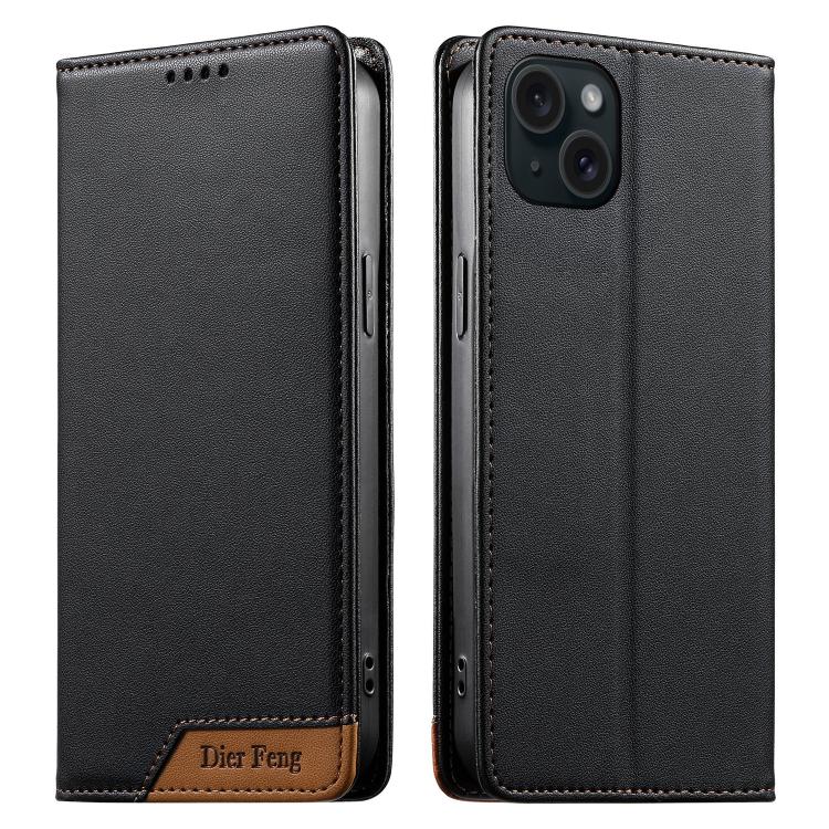Dierfeng Splicing Strong Magnetic RFID Vegan Leather Phone Case, For iPhone 16, For iPhone 15 Pro Max, For iPhone 15 Pro, For iPhone 15 Plus, For iPhone 15, For iPhone 14 Plus, For iPhone 14 / 13, For iPhone 14 Pro
