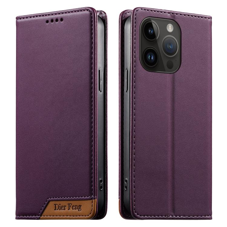 Dierfeng Splicing Strong Magnetic RFID Vegan Leather Phone Case, For iPhone 16, For iPhone 15 Pro Max, For iPhone 15 Pro, For iPhone 15 Plus, For iPhone 15, For iPhone 14 Plus, For iPhone 14 / 13, For iPhone 14 Pro