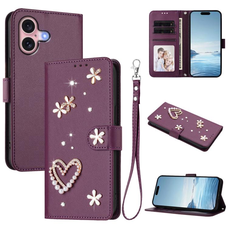 ZS01 Double-Layer Heart Floral Vegan Leather Phone Case with Wrist Strap, For iPhone 16 Pro, For iPhone 16 Plus, For iPhone 16, For iPhone 15 Pro Max, For iPhone 15 Pro, For iPhone 15 Plus