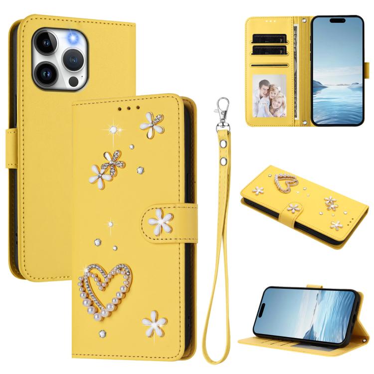ZS01 Double-Layer Heart Floral Vegan Leather Phone Case with Wrist Strap, For iPhone 16 Pro, For iPhone 16 Plus, For iPhone 16, For iPhone 15 Pro Max, For iPhone 15 Pro, For iPhone 15 Plus