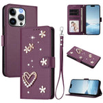 ZS01 Double-Layer Heart Floral Vegan Leather Phone Case with Wrist Strap, For iPhone 16 Pro, For iPhone 16 Plus, For iPhone 16, For iPhone 15 Pro Max, For iPhone 15 Pro, For iPhone 15 Plus