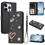 ZS01 Double-Layer Heart Floral Vegan Leather Phone Case with Wrist Strap, For iPhone 15, For iPhone 14 Plus, For iPhone 14 / 13, For iPhone 14 Pro, For iPhone 14 Pro Max, For iPhone 13 Pro Max