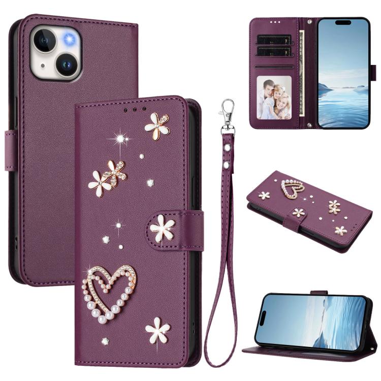 ZS01 Double-Layer Heart Floral Vegan Leather Phone Case with Wrist Strap, For iPhone 15, For iPhone 14 Plus, For iPhone 14 / 13, For iPhone 14 Pro, For iPhone 14 Pro Max, For iPhone 13 Pro Max