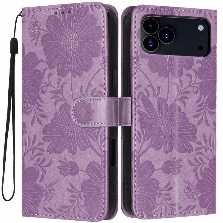 Sunflower Embossed Vegan Leather Phone Case with Small Black Rope, For iPhone 18 Pro, For iPhone 18 Pro Max, For iPhone 16e / 17e, For iPhone 17 Pro Max, For iPhone 17 Pro, For iPhone 17, For iPhone Air, For iPhone 16 Pro Max