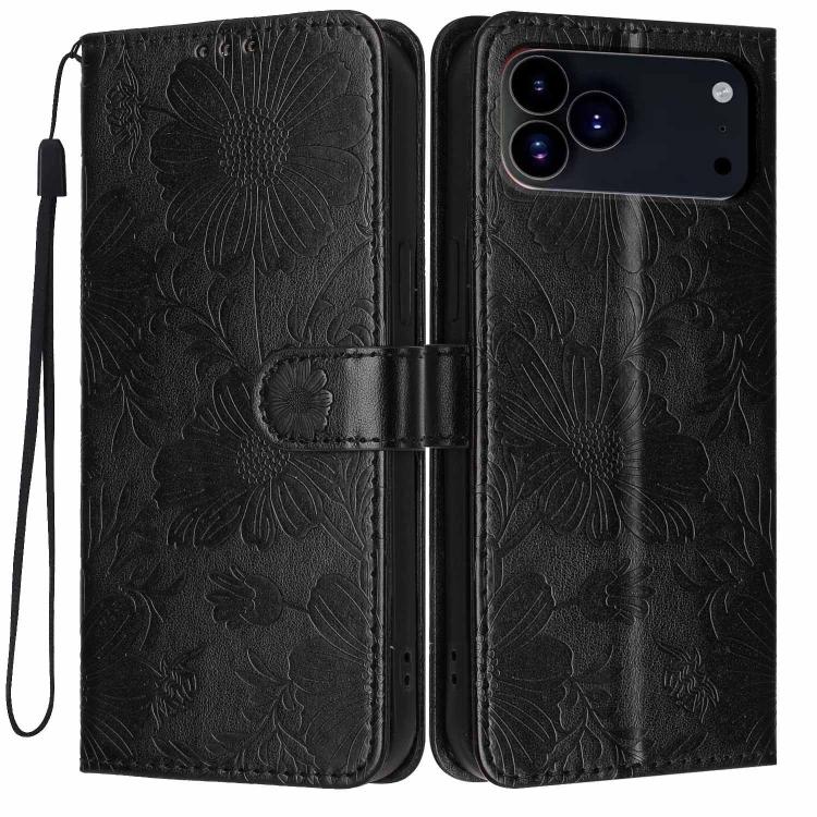 Sunflower Embossed Vegan Leather Phone Case with Small Black Rope, For iPhone 18 Pro, For iPhone 18 Pro Max, For iPhone 16e / 17e, For iPhone 17 Pro Max, For iPhone 17 Pro, For iPhone 17, For iPhone Air, For iPhone 16 Pro Max