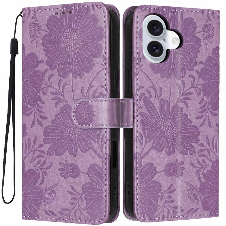 Sunflower Embossed Vegan Leather Phone Case with Small Black Rope, For iPhone 18 Pro, For iPhone 18 Pro Max, For iPhone 16e / 17e, For iPhone 17 Pro Max, For iPhone 17 Pro, For iPhone 17, For iPhone Air, For iPhone 16 Pro Max