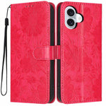 Sunflower Embossed Vegan Leather Phone Case with Small Black Rope, For iPhone 18 Pro, For iPhone 18 Pro Max, For iPhone 16e / 17e, For iPhone 17 Pro Max, For iPhone 17 Pro, For iPhone 17, For iPhone Air, For iPhone 16 Pro Max