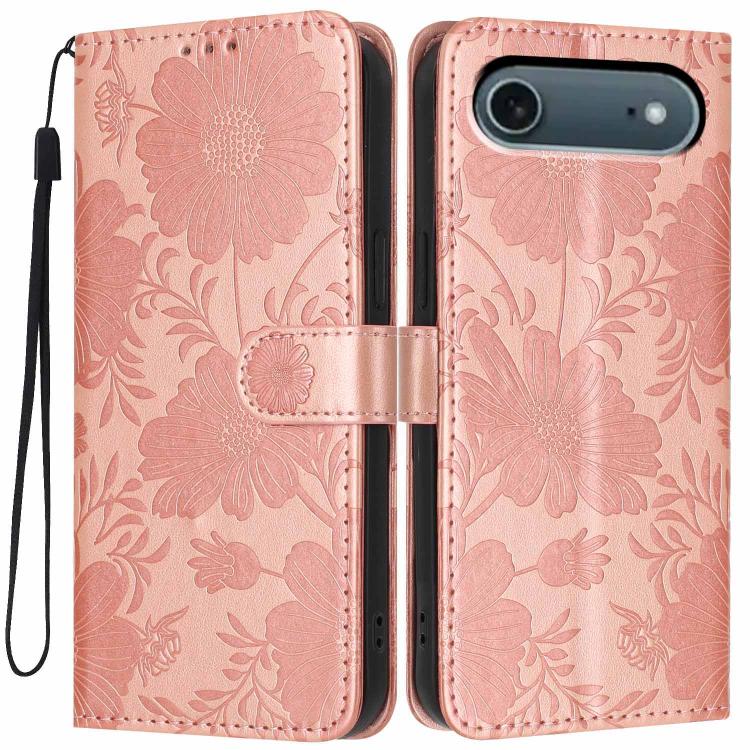 Sunflower Embossed Vegan Leather Phone Case with Small Black Rope, For iPhone 18 Pro, For iPhone 18 Pro Max, For iPhone 16e / 17e, For iPhone 17 Pro Max, For iPhone 17 Pro, For iPhone 17, For iPhone Air, For iPhone 16 Pro Max