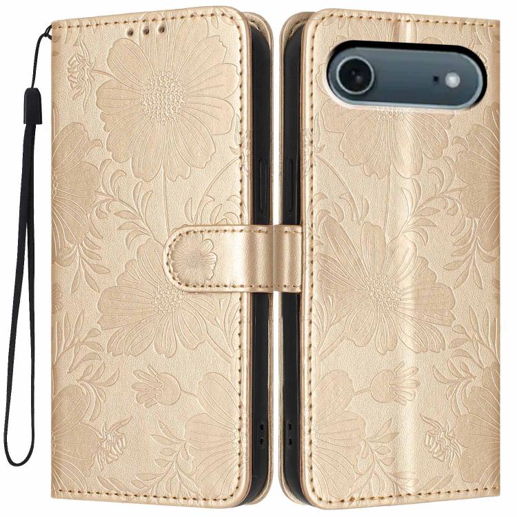 Sunflower Embossed Vegan Leather Phone Case with Small Black Rope, For iPhone 18 Pro, For iPhone 18 Pro Max, For iPhone 16e / 17e, For iPhone 17 Pro Max, For iPhone 17 Pro, For iPhone 17, For iPhone Air, For iPhone 16 Pro Max