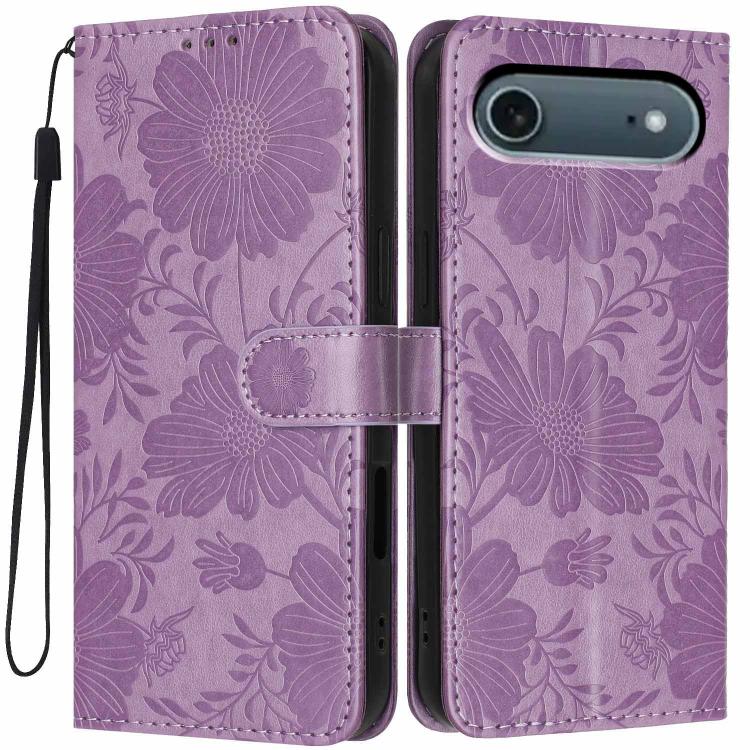 Sunflower Embossed Vegan Leather Phone Case with Small Black Rope, For iPhone 18 Pro, For iPhone 18 Pro Max, For iPhone 16e / 17e, For iPhone 17 Pro Max, For iPhone 17 Pro, For iPhone 17, For iPhone Air, For iPhone 16 Pro Max