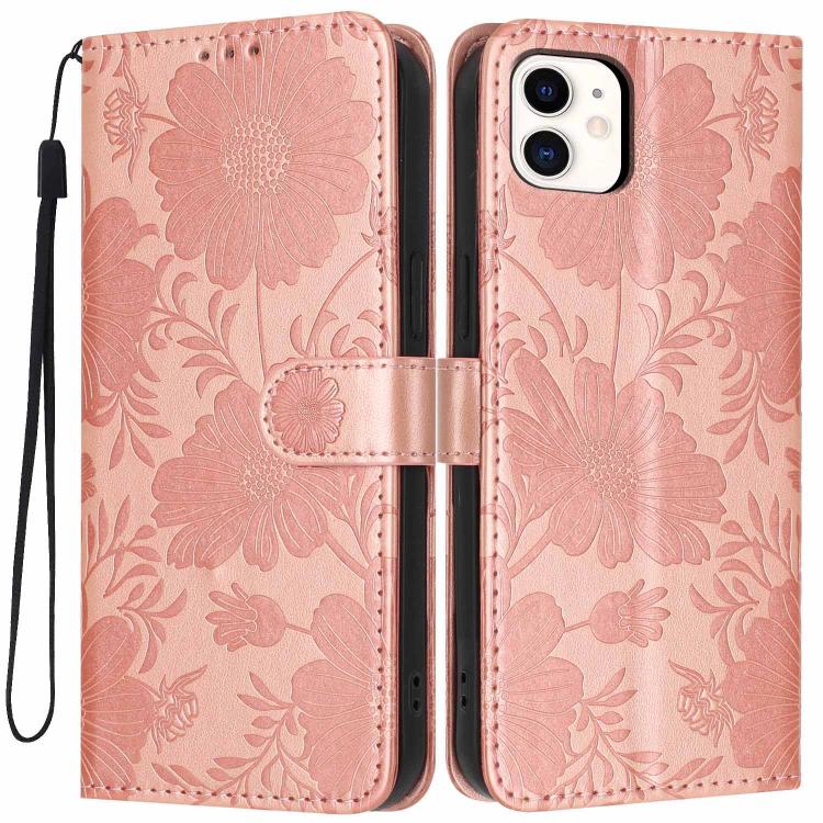 Sunflower Embossed Vegan Leather Phone Case with Small Black Rope, For iPhone 14 Pro Max, For iPhone 13 Pro Max, For iPhone 13 Pro, For iPhone 13, For iPhone 12 / 12 Pro, For iPhone 12 Pro Max, For iPhone 11 Pro Max, For iPhone 11