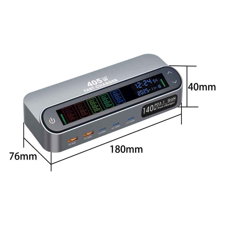 YMX-LCD405W 405W 3xType-C and 2xUSB GaN Smart Digital Display Multi-Function Charger, AU Plug, EU Plug, UK Plug, US Plug