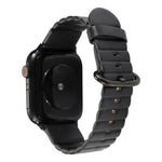 Apple Watch replacement strap in black leather with iron buckle, compatible with various Apple Watch models.