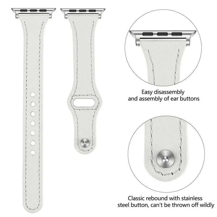Leather replacement strap for Apple Watch in white, featuring stainless steel button, easy assembly, and stylish design.