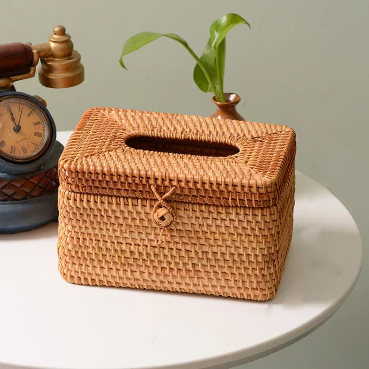 ZJH01 Square Shape Restaurant Desktop Rattan Braided Tissue Storage Box Case, Square Shape