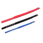 Adjustable foam cotton dog collars in red, black, and blue, showcasing lengths and adjustable features for pets.